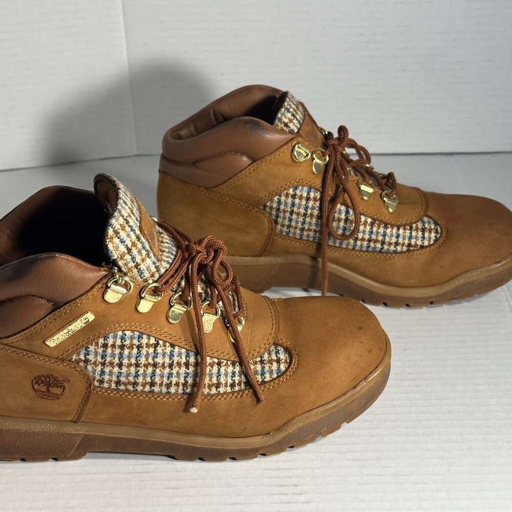Timberland Tan Brown Suede Hiker Booties with Houndstooth Panels